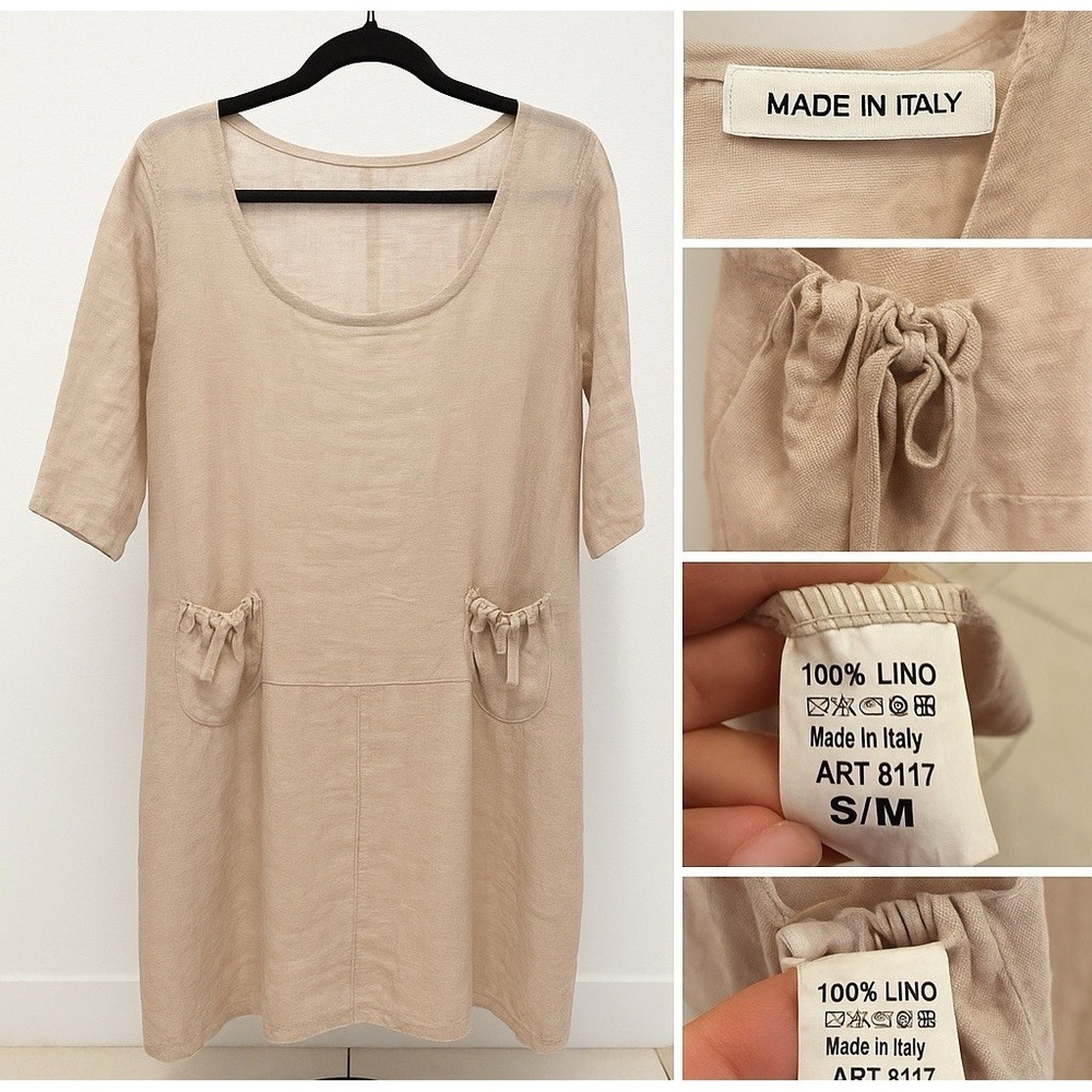 Made in Italy 100% Linen Tunic Dress Sz S/M  Beige Tan Relaxed Fit Pockets Boho